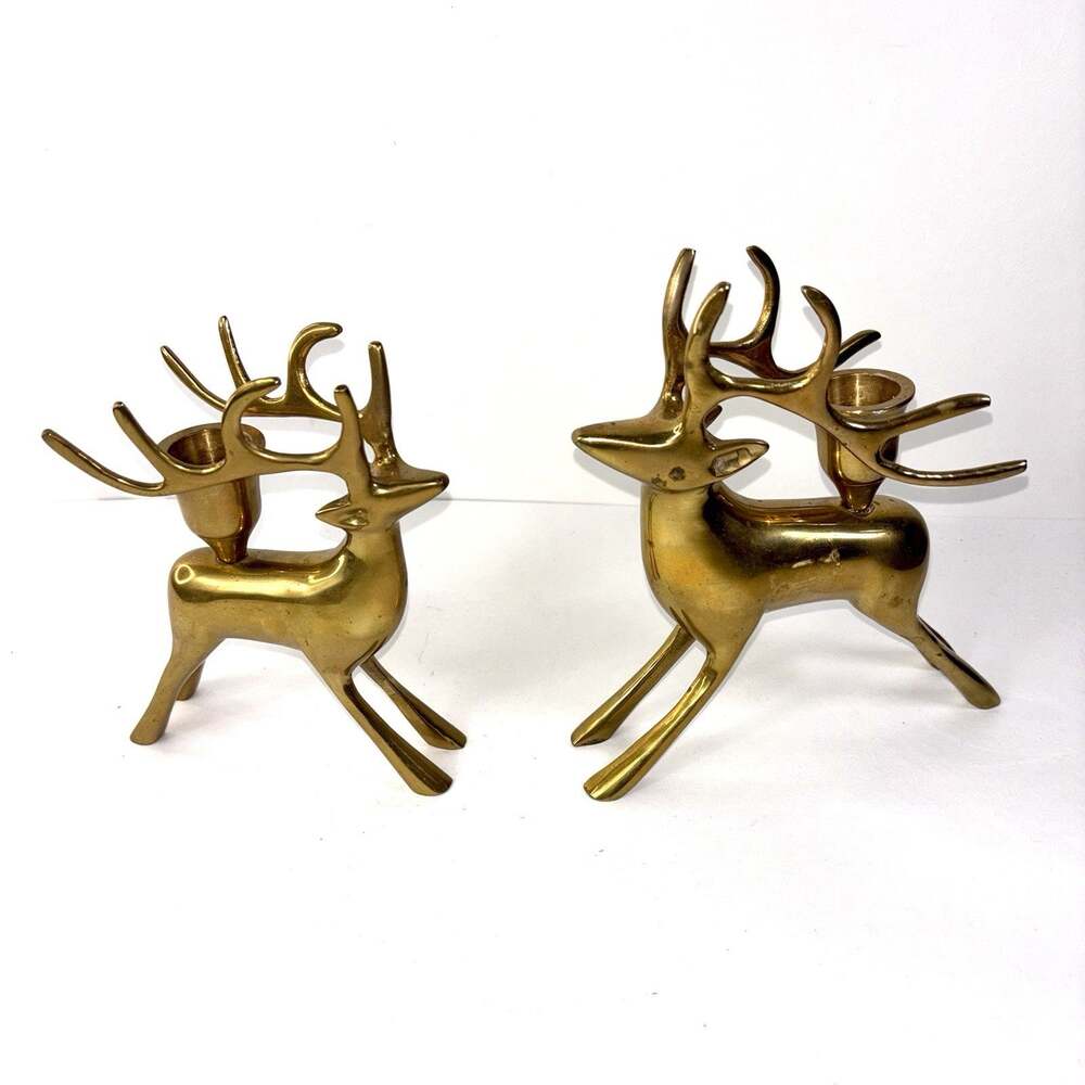 Pair Metal Deer Brass Heavy Candle Holders Stag Reindeer Deer Christmas Holiday